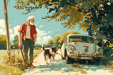 老人与他的狗沿着小路闲逛图片
