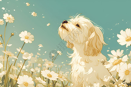 蓝天下的花卉和狗狗图片