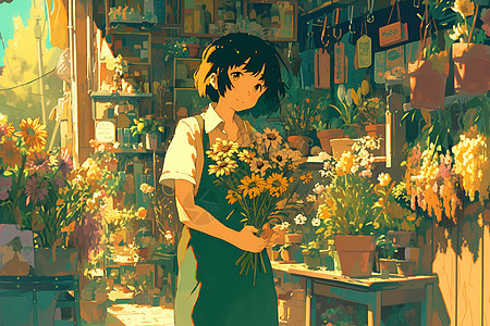 花店中的女孩和花朵图片