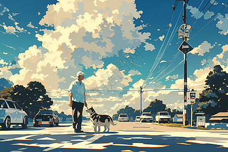 小镇上散步的老人和狗图片