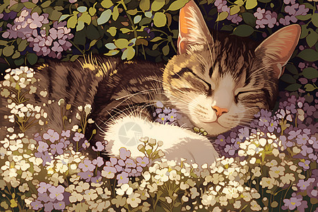 花朵中睡觉的猫咪图片