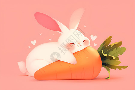 可爱大兔子趴在巨大的胡萝卜上图片