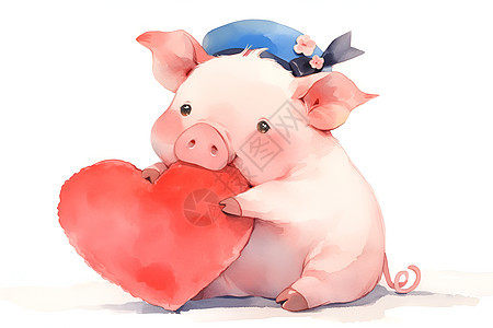 猪宝宝拥抱红色爱心图片