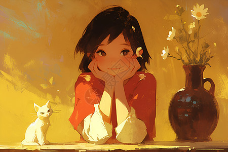 色彩插画中的少女和猫咪图片