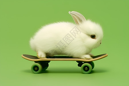 可爱的白色兔子滑板在绿色背景上图片