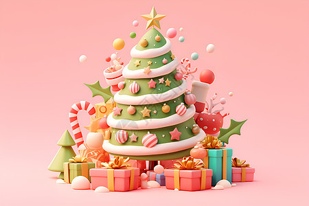 粉色背景中的圣诞树和礼盒图片