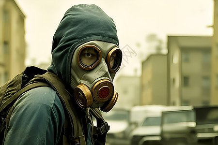 城市街道上带着防毒面具的人图片