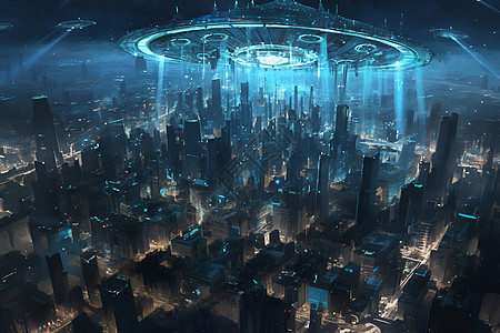 未来都市中的巨大飞碟图片