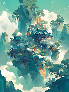 卡通元素的中国山水画插画图片下载-正版图片601447071-摄图网