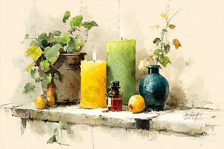 静物水彩画中的蜡烛与花瓶插画图片下载-正版图片602316825-摄图网