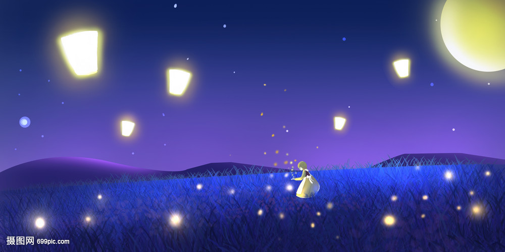 中秋节萤火虫少女插画