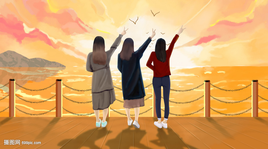 海边三个女孩的背影