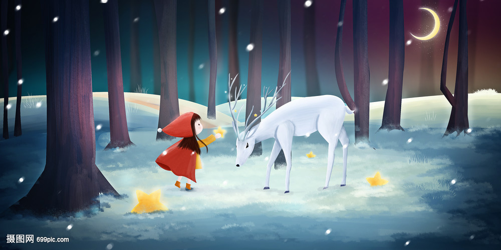 雪地里给鹿送礼物的女孩