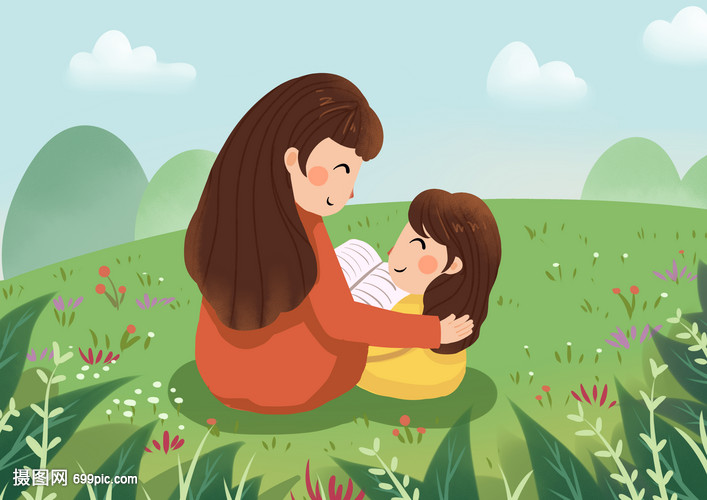 妈妈和女儿坐草地上看书