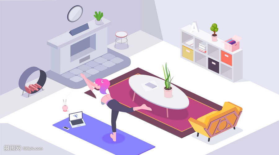 居家生活练瑜伽的女孩立体轴测图插画