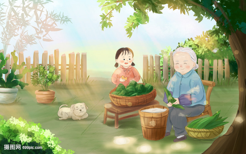 端午节我和奶奶在院子里包粽子