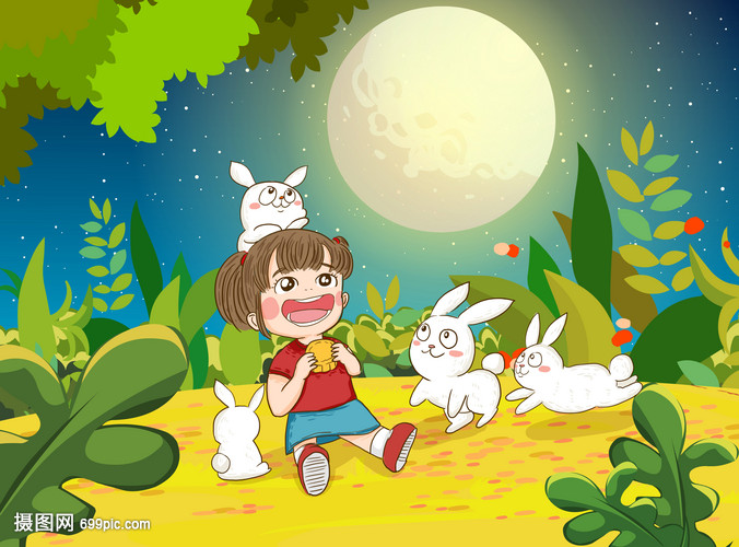 女孩和兔子一起看月亮吃月饼