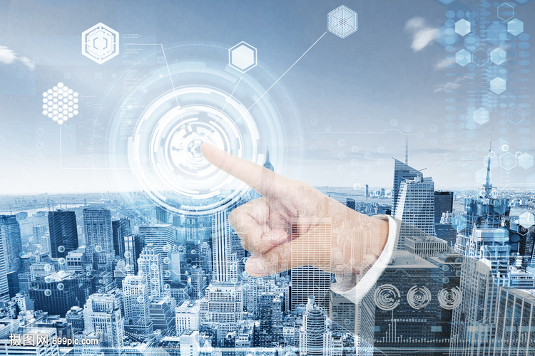 在城市背景的交互界面屏幕上