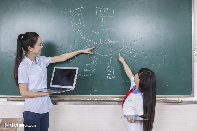 女老师和女同学在学校用电子产品上课