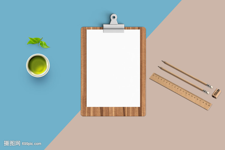 夹板文具茶杯俯视摆拍图
