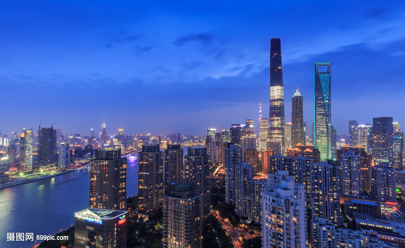 上海繁华的浦东新区日落夜景