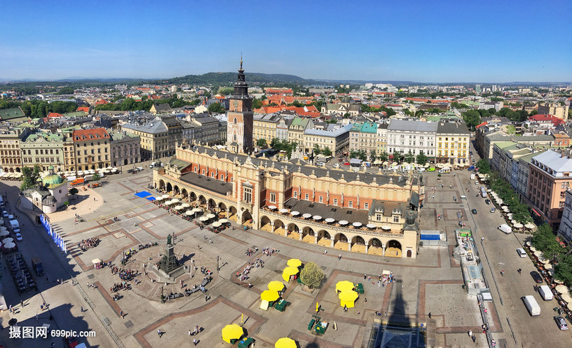 波兰旅游城市克拉科夫老城广场全景图