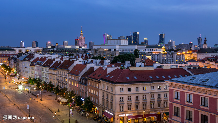 波兰首都华沙建筑风光夜景