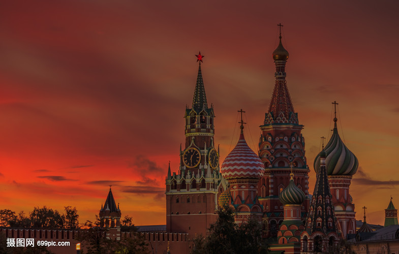 莫斯科著名旅游景点圣瓦西里大教堂日落风光