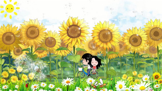卡通儿童男孩女孩爱情向日葵背景视频素材