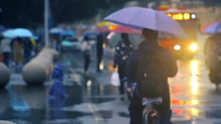雨天大街上打伞骑自行车的路人视频素材