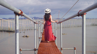 女性背影海边桥行走视频素材