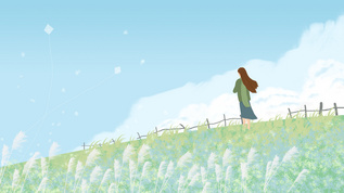 草地上看风筝的女孩动态背景视频素材