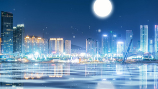4k城市倒影月亮唯美背景视频素材