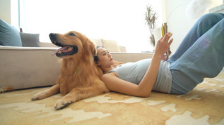 狗狗和孕妇悠闲的躺在客厅视频素材