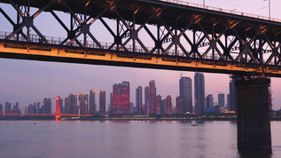 透过武汉长江大桥拍摄城市灯光秀视频素材