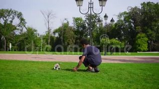 年轻英俊的非洲男人在公园里和小狗玩耍，一起在绿草上奔跑。 小狗狗狗狗狗mov格式视频下载_正版视频编号1740078-摄图网