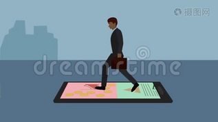 2D动画片，穿着西装走在智能手机上的美国黑人商人，背景是城市建筑mp4格式视频下载_正版视频编号3477779-摄图网