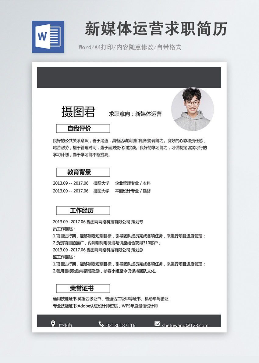 新媒体运营word简历