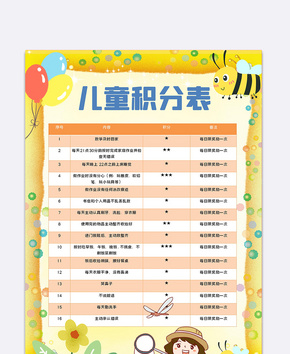 黄色卡通儿童积分表word文档