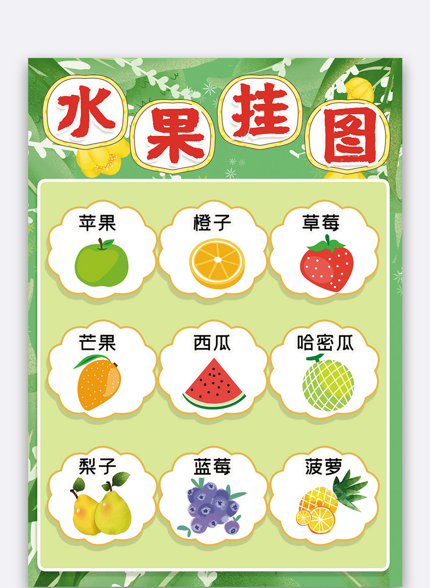卡通绿色水果认识水果挂图