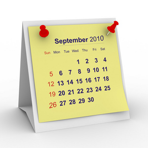 2010年日历。 九月。 孤立的