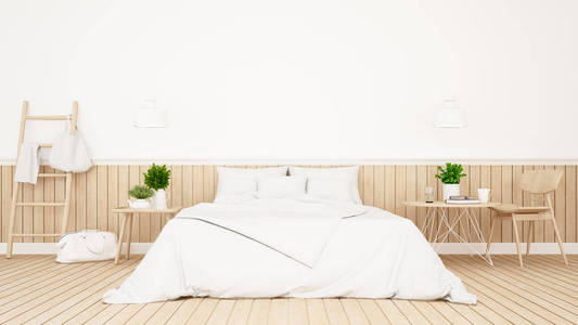 白色的卧室或客房的酒店最小设计3d Renderin