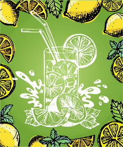 手绘涂鸦夏天插画与柠檬水。夏季饮料