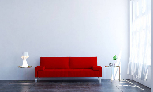 在白墙客厅室内设计的红沙发