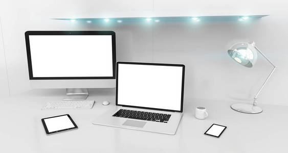现代白色书桌内政部与计算机和设备 3d 楼效果图