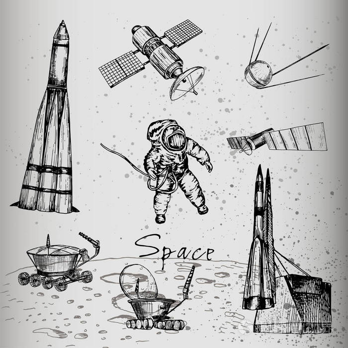 矢量图空间物体太空人月球车船舶卫星钢笔绘制插图
