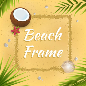 海滩聚会邀请概念。砂背景上的白色方框。人类