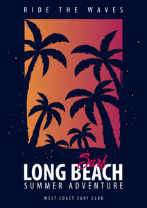 长滩冲浪图形与棕榈树。T 恤设计和打印