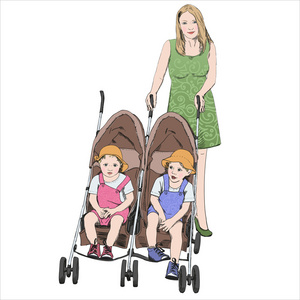 女人与她的孩子在双棕色婴儿车