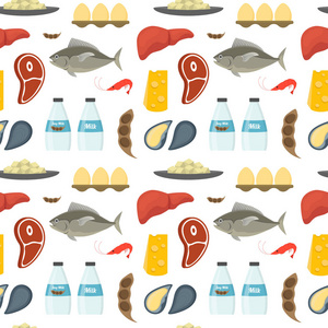 卡通食物含有维生素 B12 的背景图案。矢量